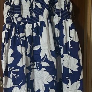 Lane Bryant Blue and White Ruched Smocked Sundress